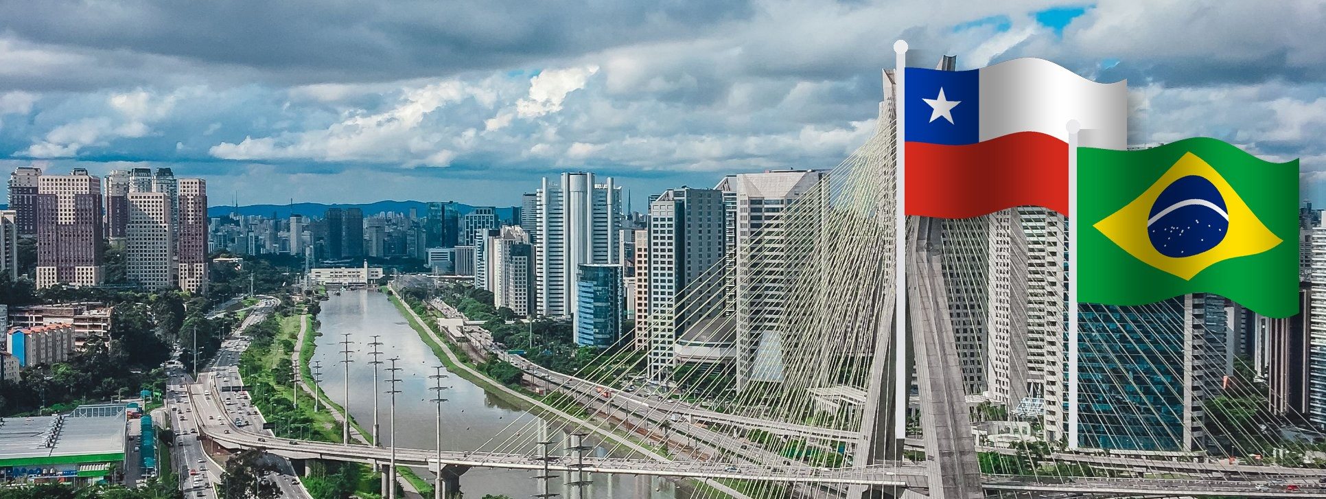 Ponte Estaiada y skyline de São Paulo con las banderas de Chile y Brasil